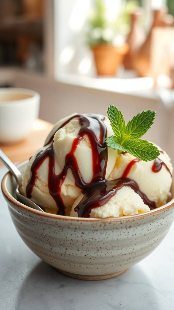 A bowl of vanilla ice cream with chocolate sauce and mint, in a sunny kitchen.